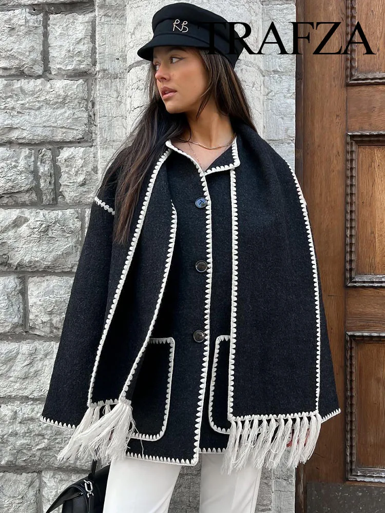 TRAFZA 2024 Autumn Fashion Woman Black Crochet Scarf Coat O Neck Long Sleeve Button Straight Casual Vintage Female Cozy Coats