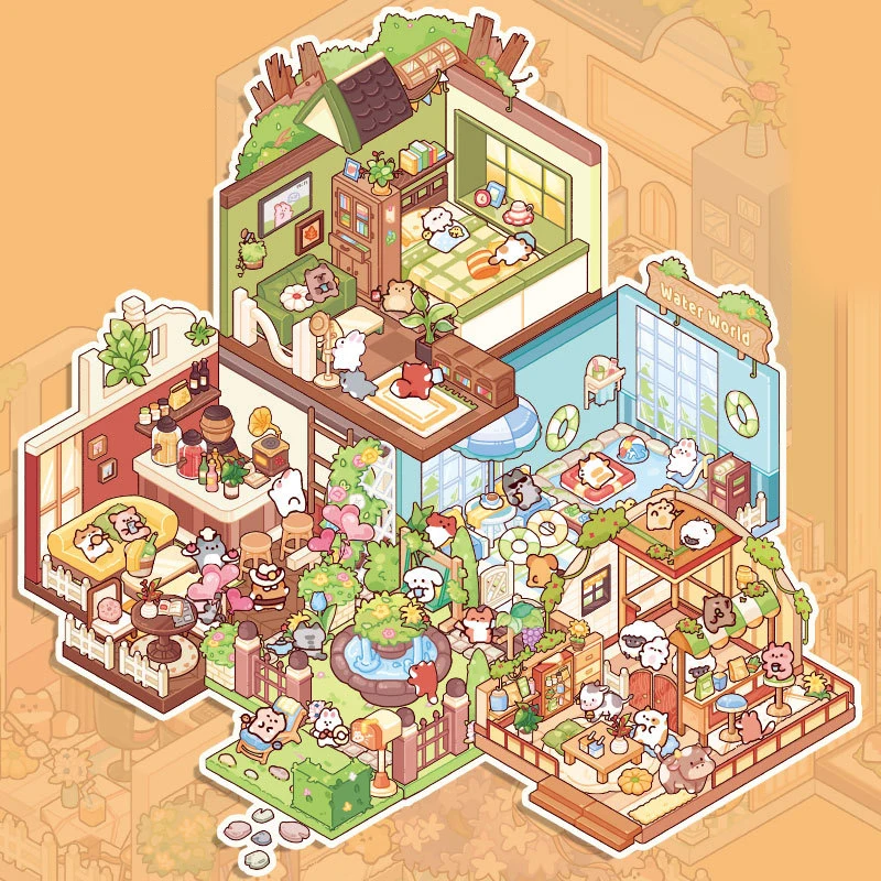 1Set Fashion Mini Landscape Sticker Colorful Hand Account Material Stickers Creative Cute DIY Cabin Scene Stickers Kids Gifts