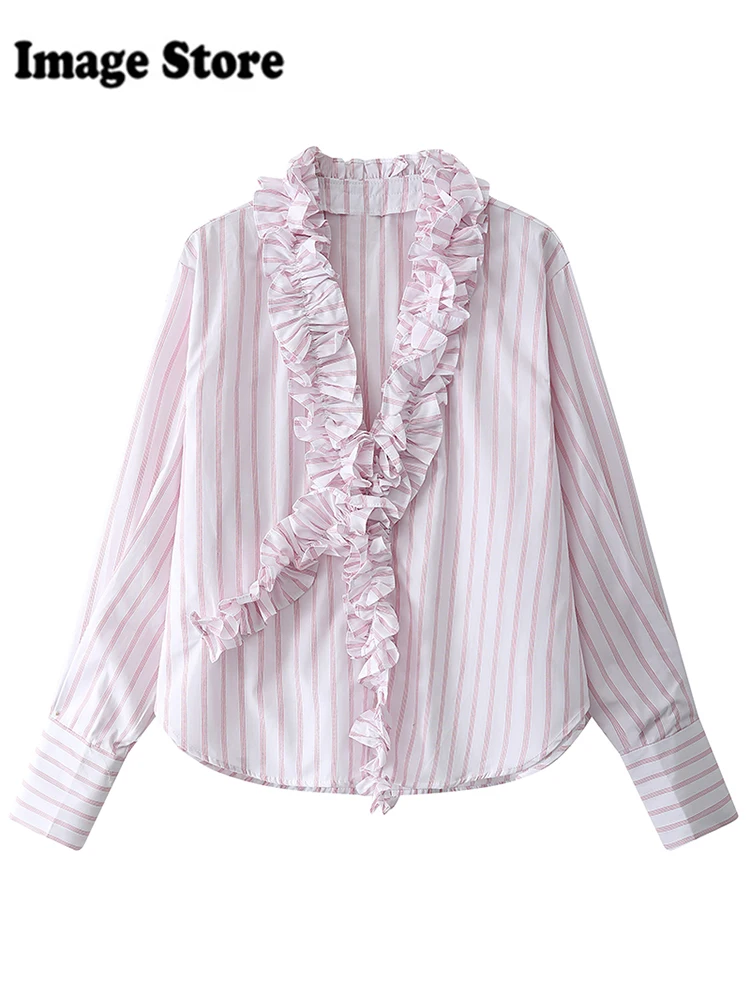 Spring Women Sweet Striped Shirts Long Sleeve 2000s Aesthetic Design Blouses Shoujo French Old Money Design Tops Mori Girl Chic