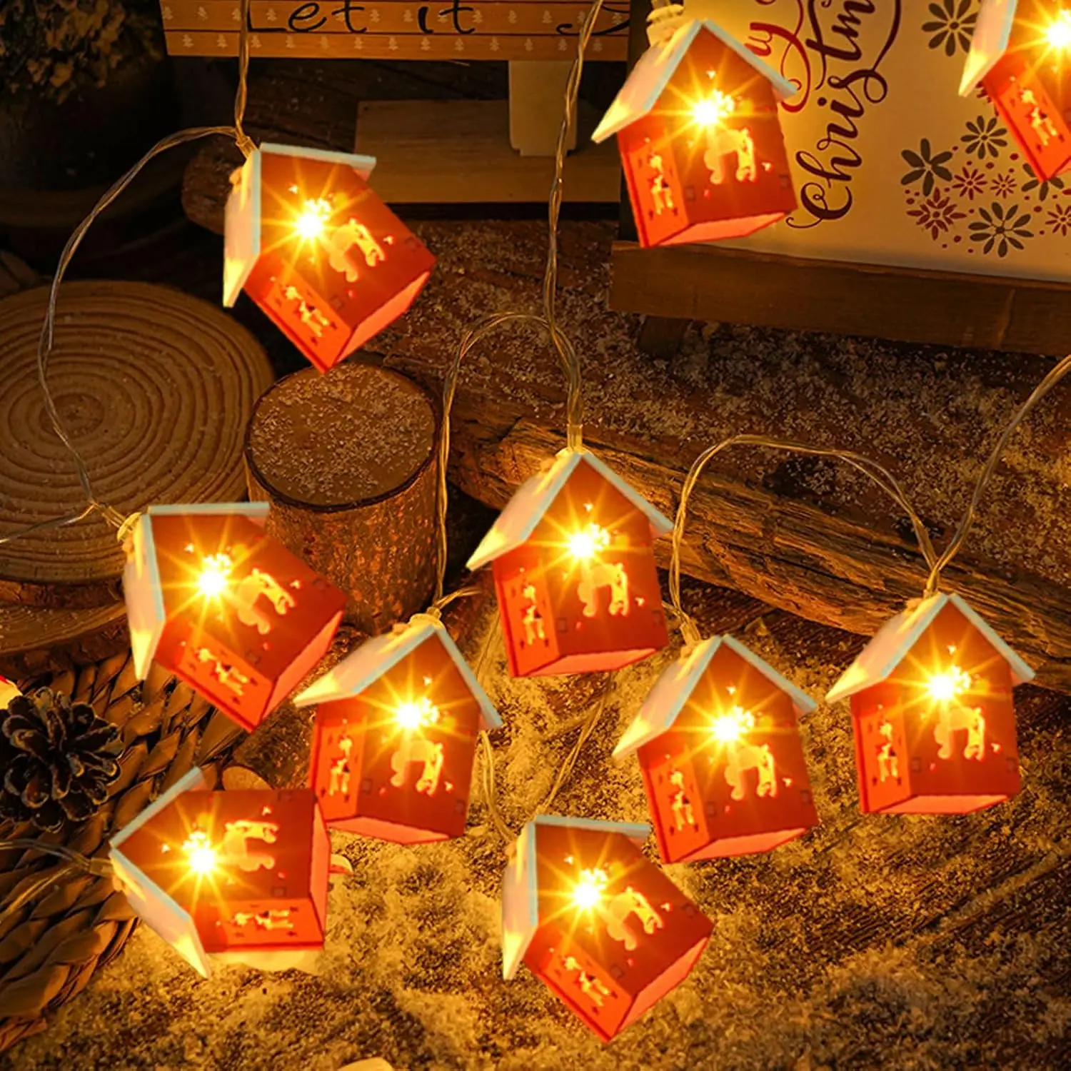 LED-Holzhaus, Weihnachtslichterkette, Weihnachtsbaum, Girlande, Zuhause, Feenlampe, hängende Verzierung, 2025, Neujahrsgeschenke