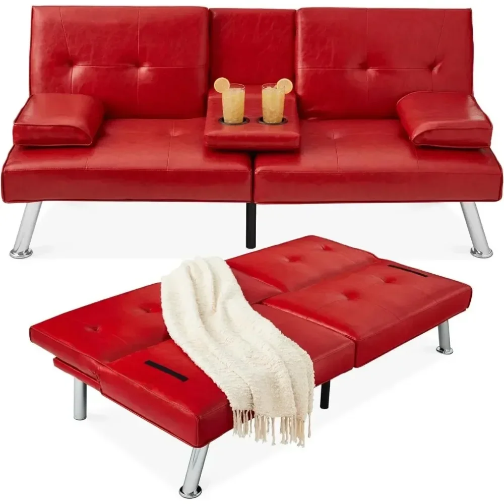 Faux Leather Upholstered Modern Convertible Futon, Adjustable Folding Sofa Bed, Guest Bed w/Removable Armrests - Red