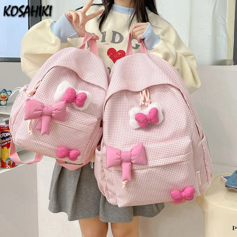 

Streetwear Travel Backpacks for Women Students Fashion All Match Trendy Schoolbags Sweet Y2k Aesthetic Plaid Kawaii Bow Backpack
