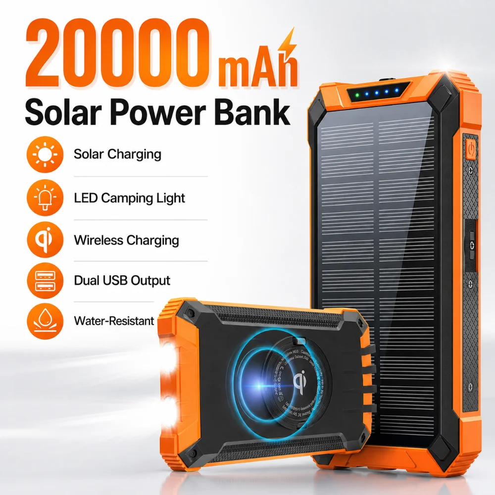 Solar Power Bank 20000mAh Mobile Power Fast Charging Battery Multifunctional with 4 Cables Wireless Charger LED Flashlight Solar