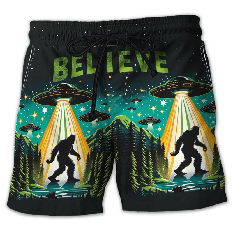 

Модные пляжные шорты с графическим рисунком Bigfoot для мужчин, летние трендовые свободные детские шорты с 3D принтом для отдыха, повседневные плавки большого размера