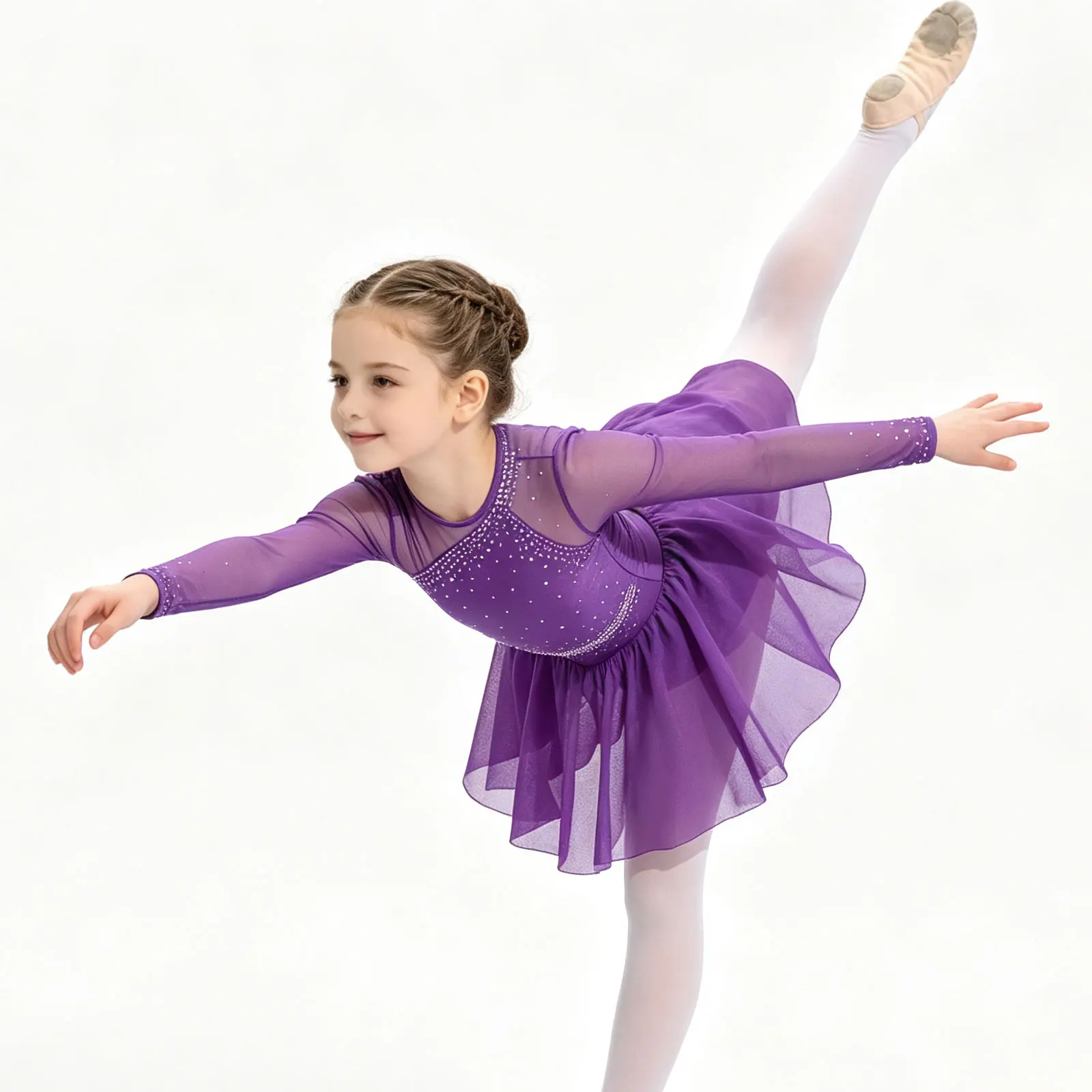 Kids Girls Glittery Rhinestones Dance Dresses Cutout Long Sleeve Asymmetrical Dress for Figure Skating Performance Competition