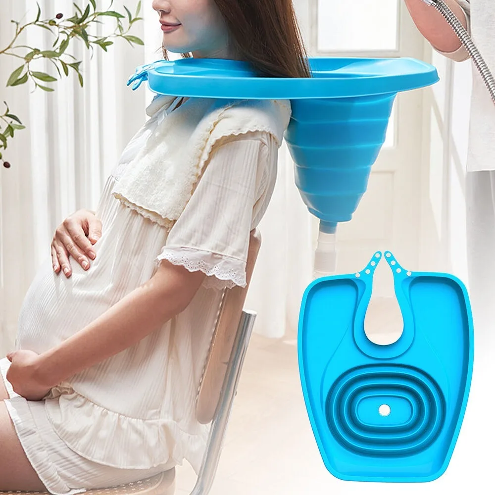 Foldable Hair Washing Basin Portable No Bending Backwash Tray No Lying Down Adjustable Neck Strap Folding Shampoo Basin Bedside