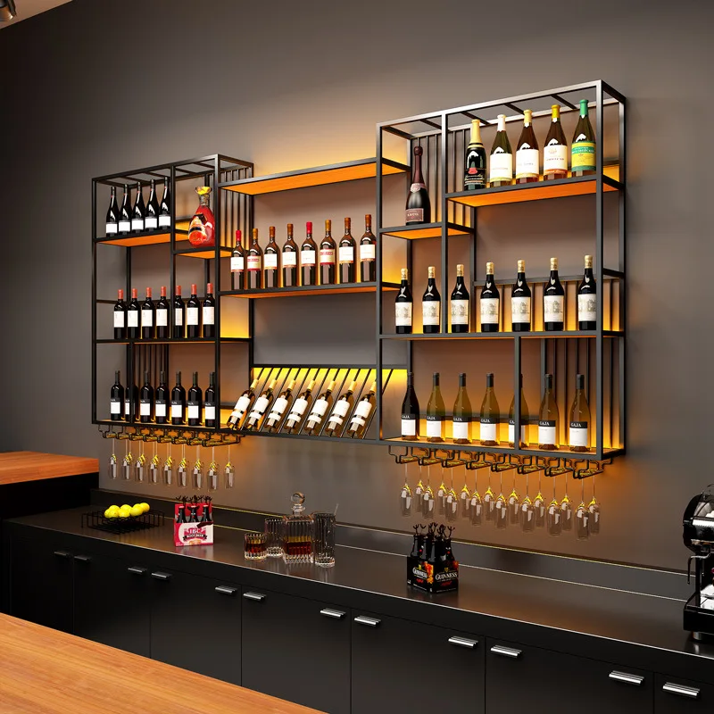 

Wall-mounted red wine rack, restaurant bar counter, multi-layer wine display on the wall, upside-down goblet integrated shelf