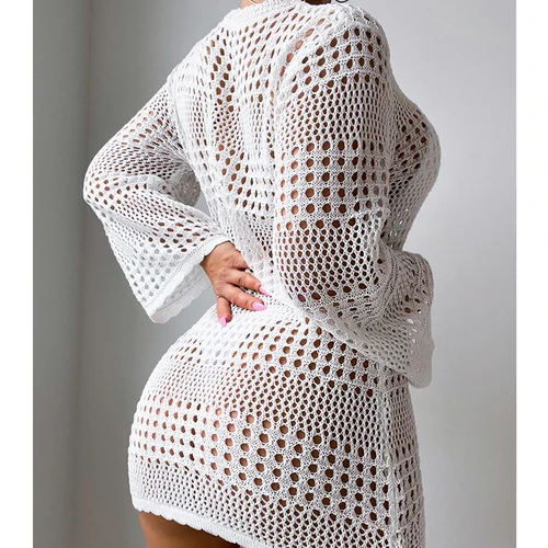 Imagen 2 del producto Vestido liso ahuecado con cuello redondo, ropa de playa versátil de manga larga, vestido para cubrir para primavera y verano, ropa de mujer