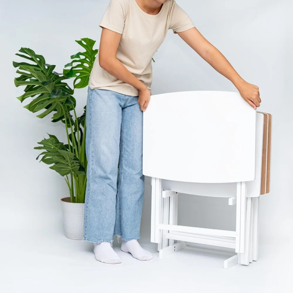 PJ Wood 5 Pack XL Oversize Tray Table for Living Room or Kitchen, Indoor TV Tray Set for Small Spaces and Family Gatherings, Whi