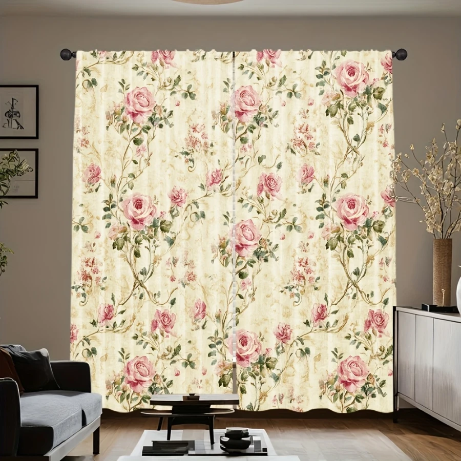 2PCS Digital Print  Curtain, Rose Vines Language, Bohemian Style  Curtain Panel for Home Living Room Bedroom Decor