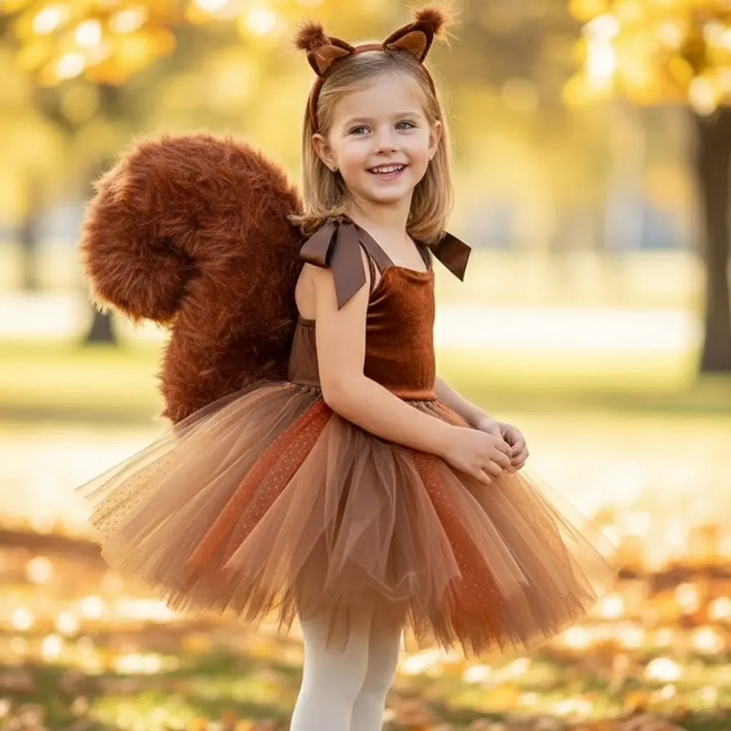 

Детский костюм белки для ролевых игр - коричневый с животным принтом, с хвостом и ушками, для детского праздника