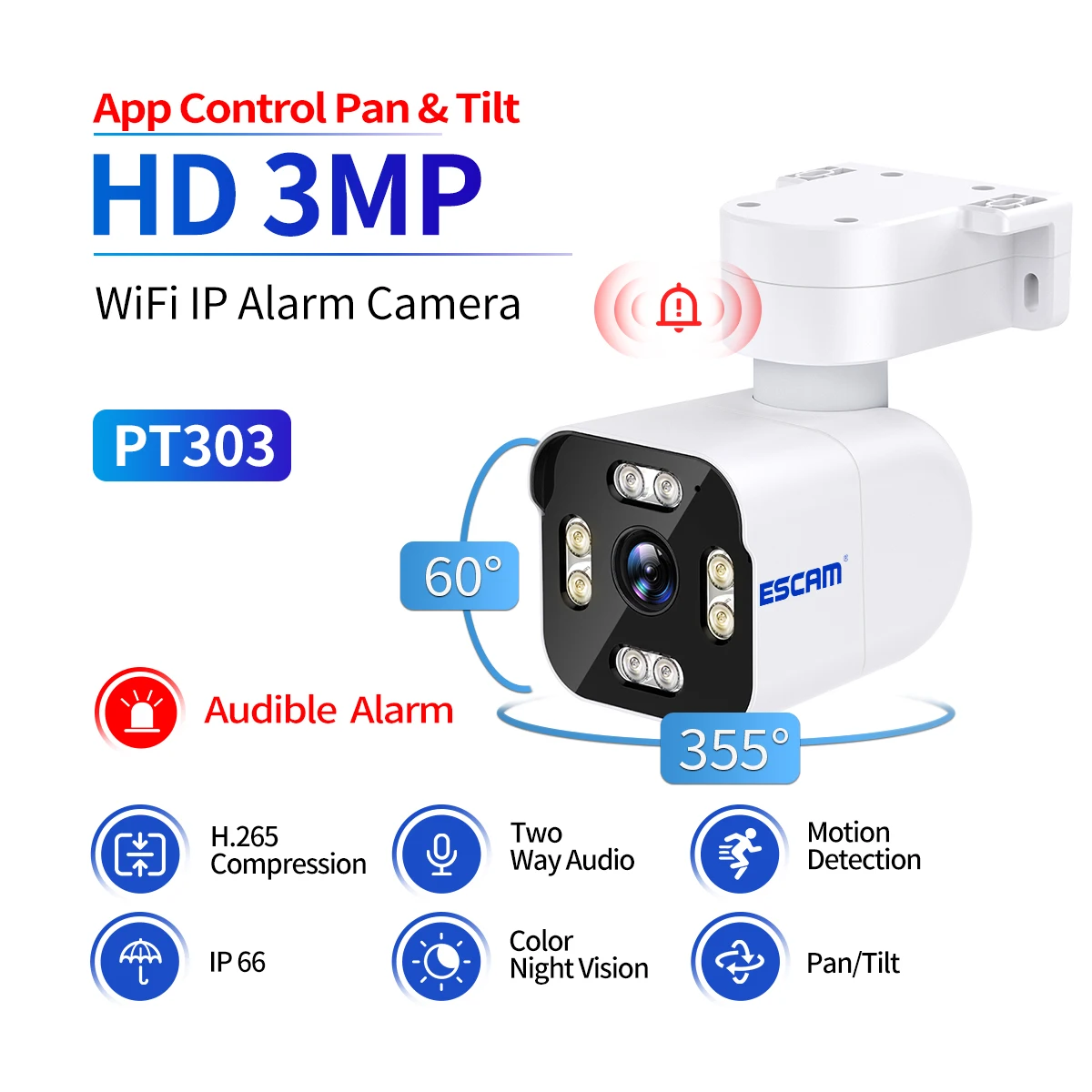 ESCAM PT303 3MP 1296P iCam365 APP Full Color Wireless PTZ IP Bullet Camera AI Humanoid Detection Home Security CCTV Baby Monitor