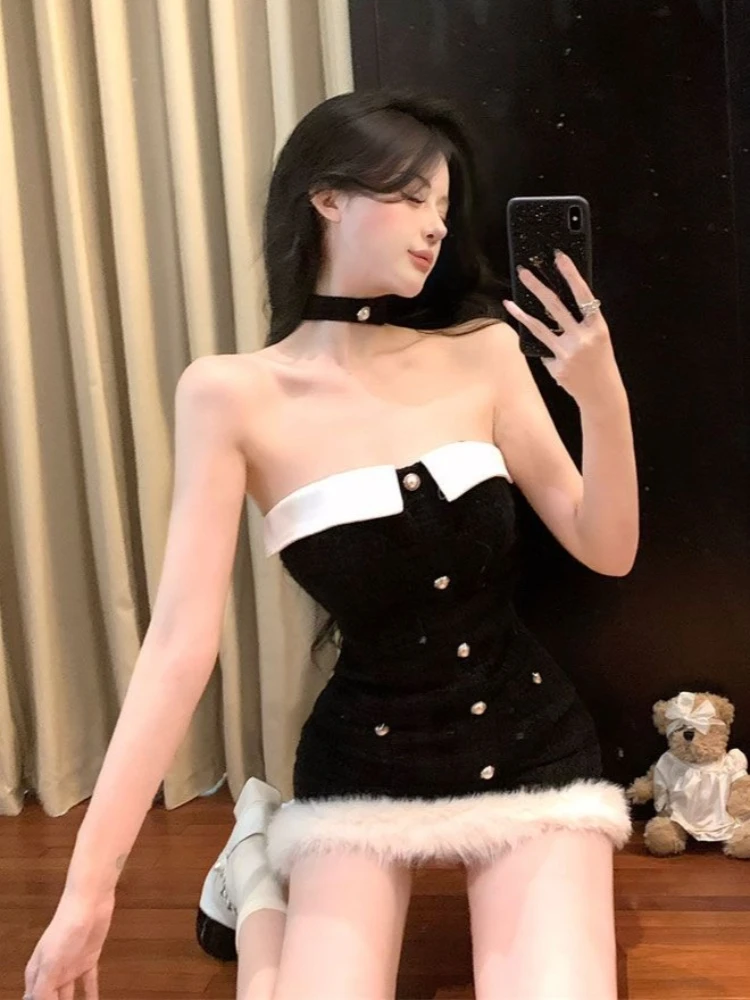 Chiristmas vermelho sexy sem alças vestido de festa feminino inverno doce camada bodycon mini vestidos gola de pele moda fora do ombro outfits