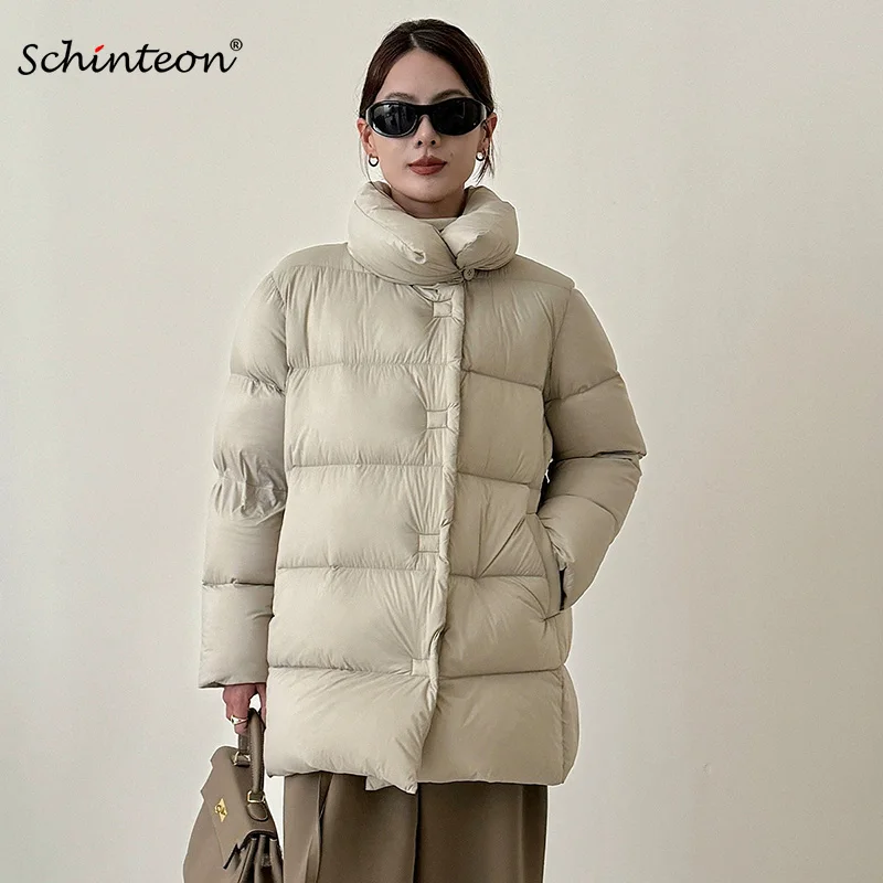 Schinteon المرأة الأبيض بطة أسفل سترة خفيفة لينة الخريف الشتاء الدافئة أبلى مع الوقوف طوق معطف فضفاض فاخر 2025 جديد #1