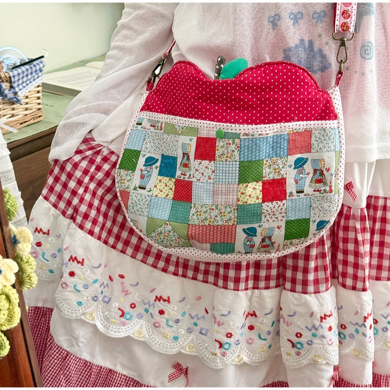Patchwork-Stoff-Umhängetasche, Apfelförmige Handtasche mit Blumen- und Punktmuster für Damen, Mädchen, Studenten, Cottagecore, süße Handtasche – Detail 28