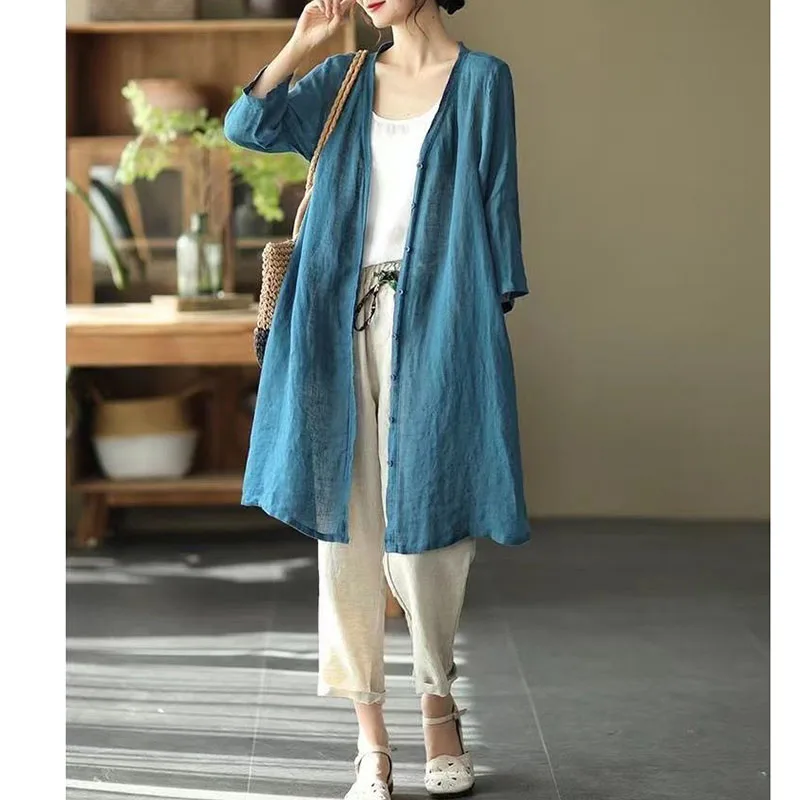 Women\'s Cotton And Linen Cardigan Coat Sun Protection Medium Length Jacket 2024 Summer New Retro Loose Air Conditioned Shirt