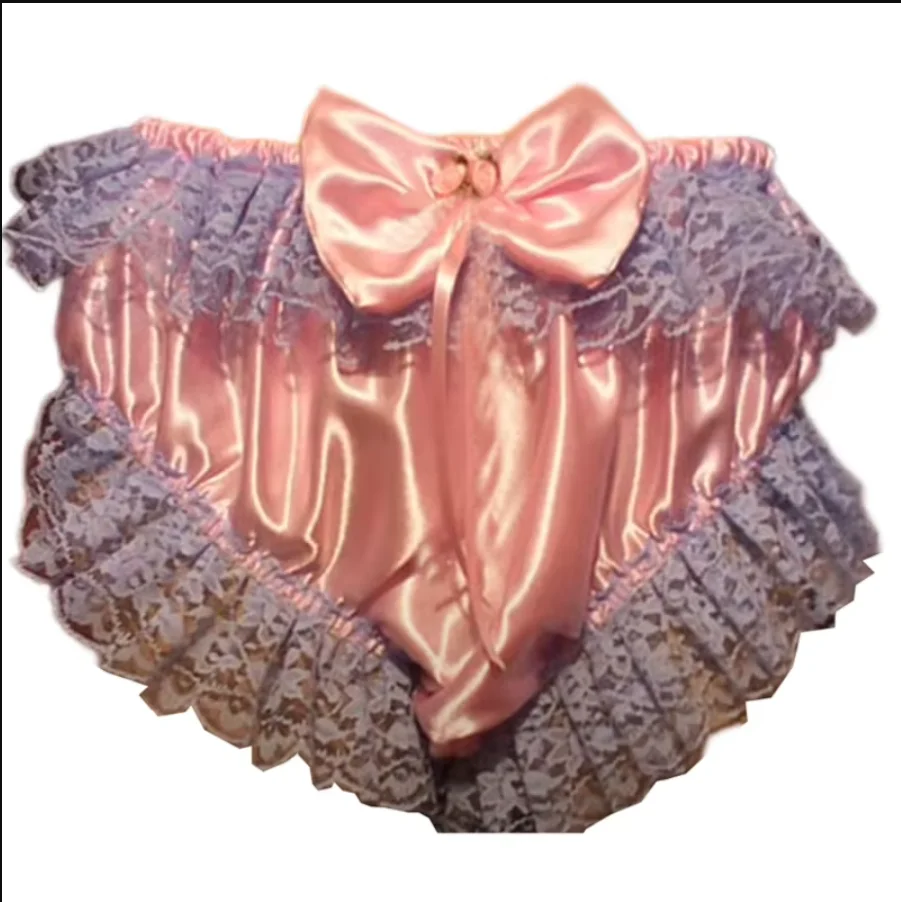 

Pink Satin Shorts Patched with Lace Fabric Bow Inlaid with Straps Elastic Waistline Triangle Shorts Available in Multiple Col