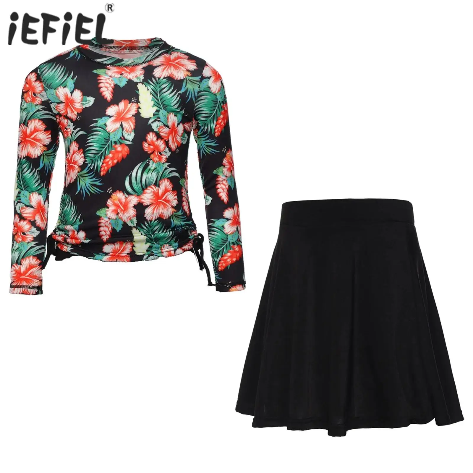 

Kids Girls Two Pieces Rash Guard Swimsuit Long Sleeves Drawstrings Swim Tops with Swim Skirt Vibrant Print Beach Bathing Suit