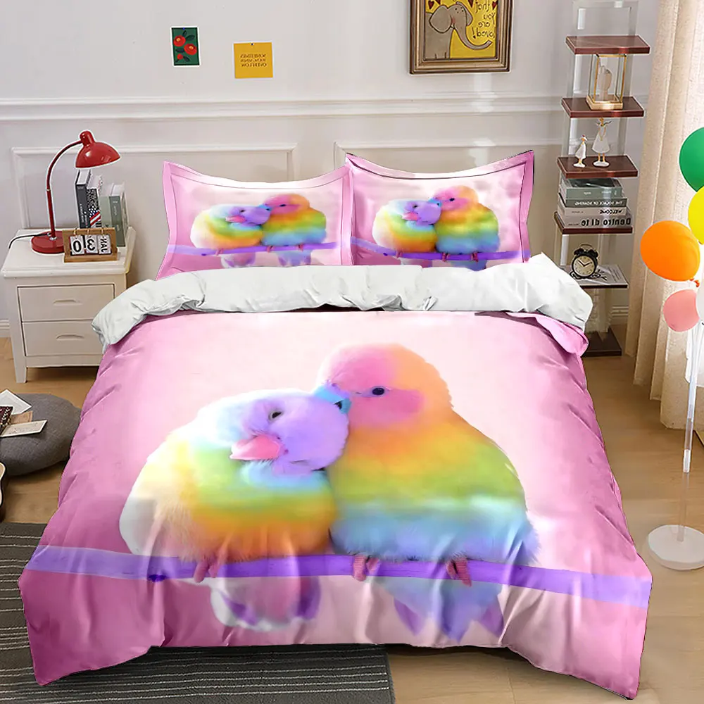 Rainbow parrots cuddling warmly Printed Duvet Cover Set1 Duvet Cover+2 PillowcaseMulti Size Bedroom Bedding Decor Luxury gifts