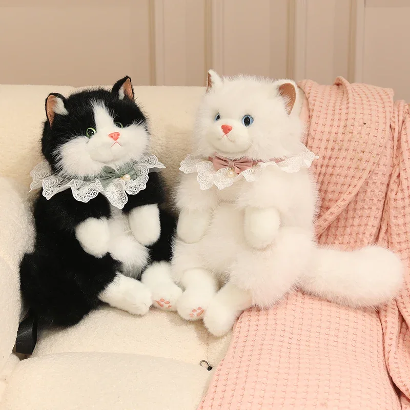 Adorable Realistic Ragdoll Cat Plush Backpack Soft Fluffy White Black Cat Shoulder Bag with Adjustable Strap Cute Cat Bag