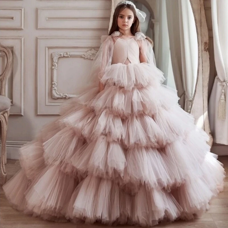 Customized Flower Girl Dresses Pink Black Tulle Tiered With Tailing Bow Sleeve For Wedding Birthday Party First Communion Gowns