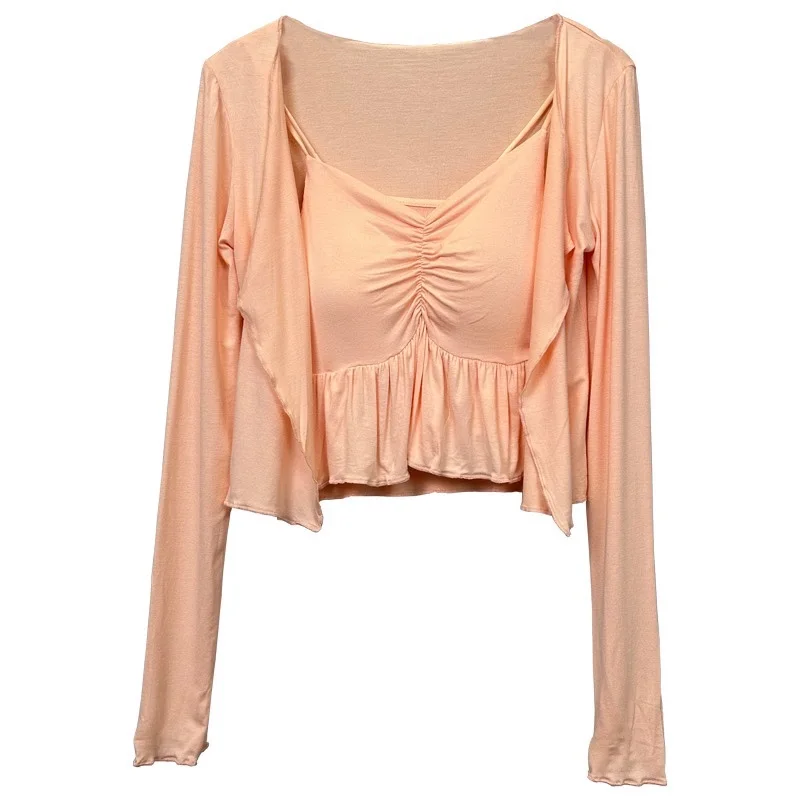 Conjunto de Moda Sexy Fena Dongda Gate, Colete Sem Mangas, Manga Longa, Decote em V, Conjunto de Duas Peças com Detalhes ...