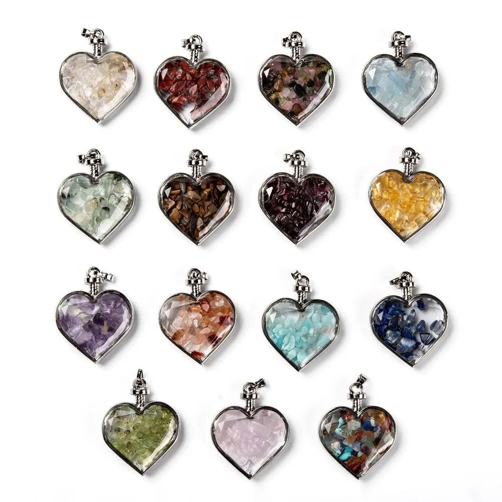 

5Pcs Heart Glass Bottle Pendants with Natural Synthetic Gemstone Chips for Fashion Women Necklace jewelry making Decor Crafts