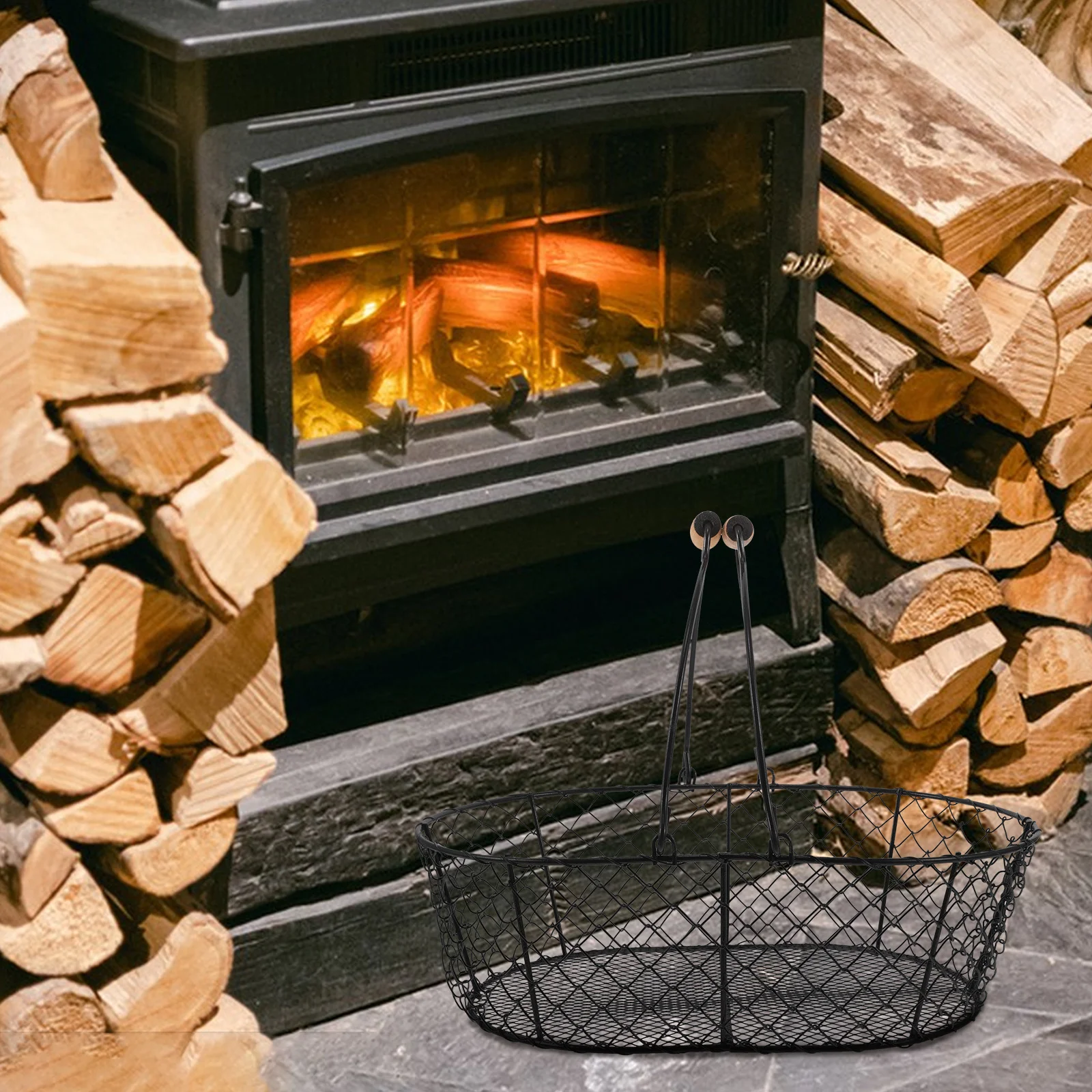 

Firewood Basket Fireplace Log Holder Metal Wire Basket with Handle Coal Charcoal Storage Indoor Outdoor Firewood Storage