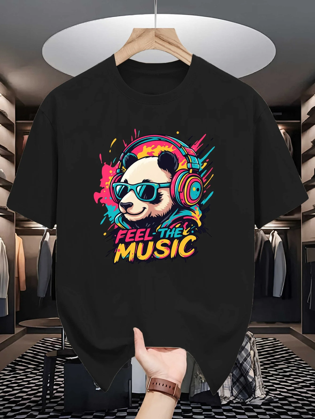 Cool Panda Headphones Graffiti Graphic Mens Crew Neck T Shirt Feel The Music Print Short Sleeve Casual Cotton Daily Street Tops