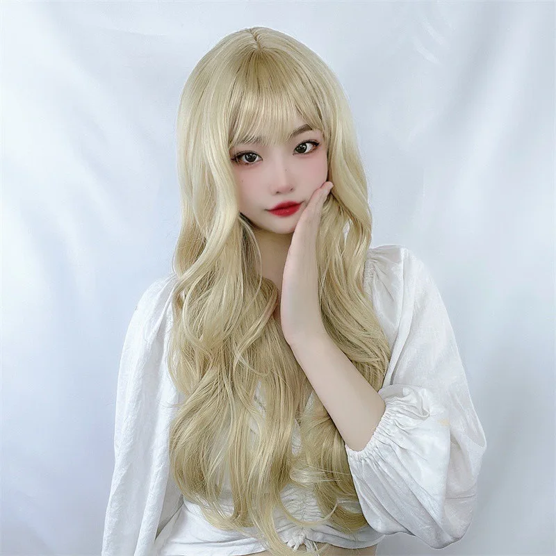 

Air Bangs Long Curly Hair Big Waves Fluffy Face-Slimming Elegant Long Hair Synthetic Wig