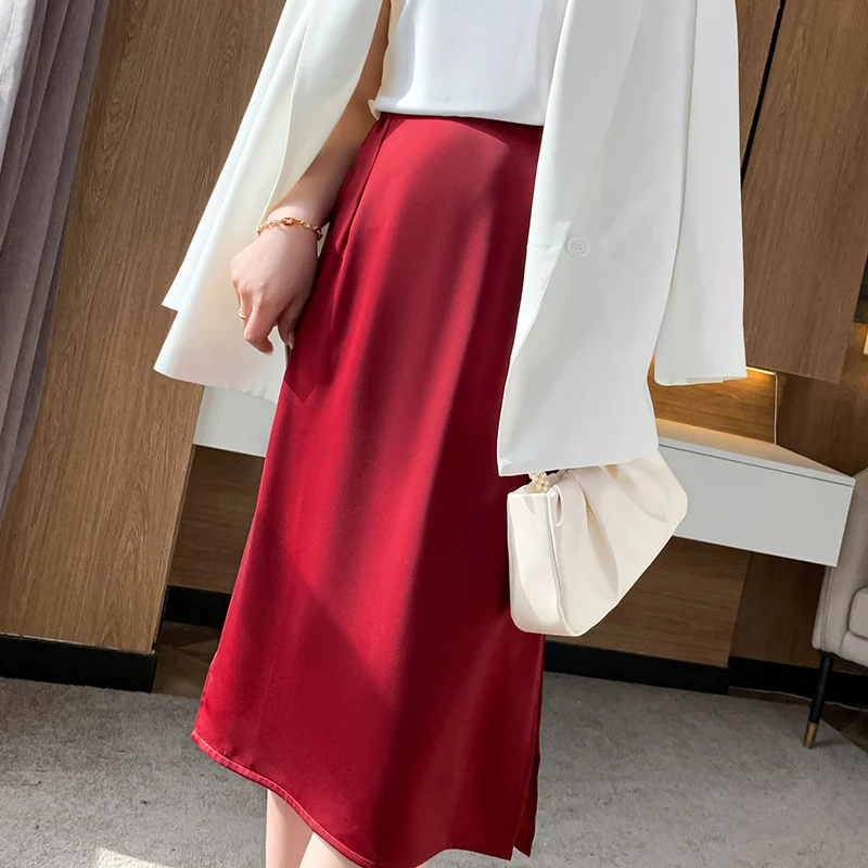 Długa spódnica damska z jedwabnej satyny, wysoki stan, wyszczuplająca, elegancka, fason A, z trenem, do pracy, jednolita.