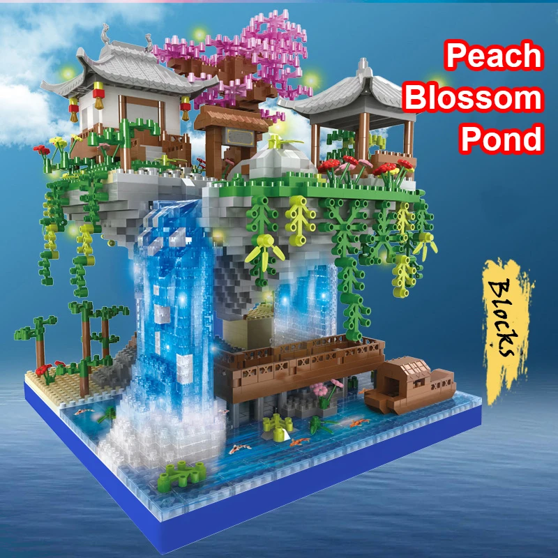 Suzhou Garden Temple Pavilion Island Waterfall Pool LED Light Mini Diamond Blocks Bricks Model Toy For Kids toys No Box