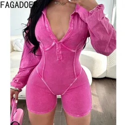 FAGADOER Fashion Solid Color Ribber Splicing Bodycon Rompers Women V Neck Zipper Long Sleeve Slim Jumpsuits Female Overalls 2024