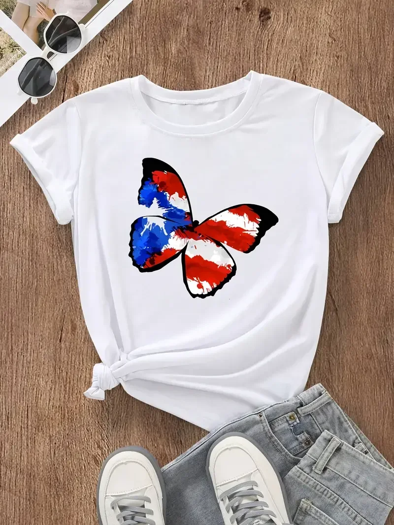 Summer Fashion Short-sleeved T-shirt Top Printed O Collar Casual T-shirt Women's Clothing Featured Butterfly Women's T-shirt