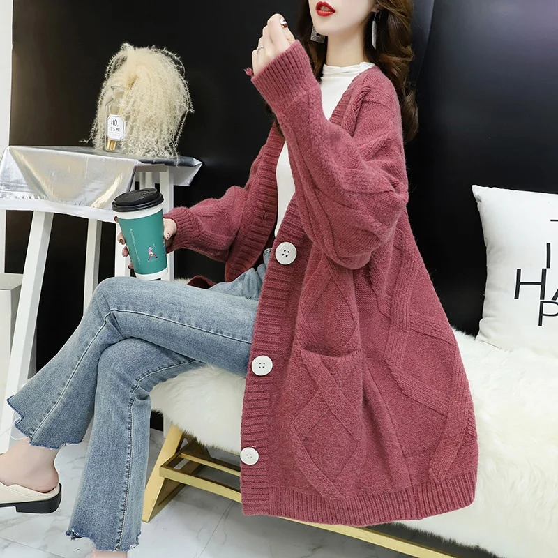 

Ladies' Loose Lazy Style Knitted Sweater Coat V-Neck Thickened Medium-Length Spring Fashion 2020 New Warm Pure Color Commute