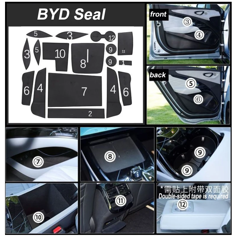 قاعدة أكواب جلدية لـ BYD Seal EK 2022 2023 2024 2025 Ybrid جلدية مضادة للانزلاق كأس حصيرة فتحة الباب وسادة ملحقات الديكور الداخلي