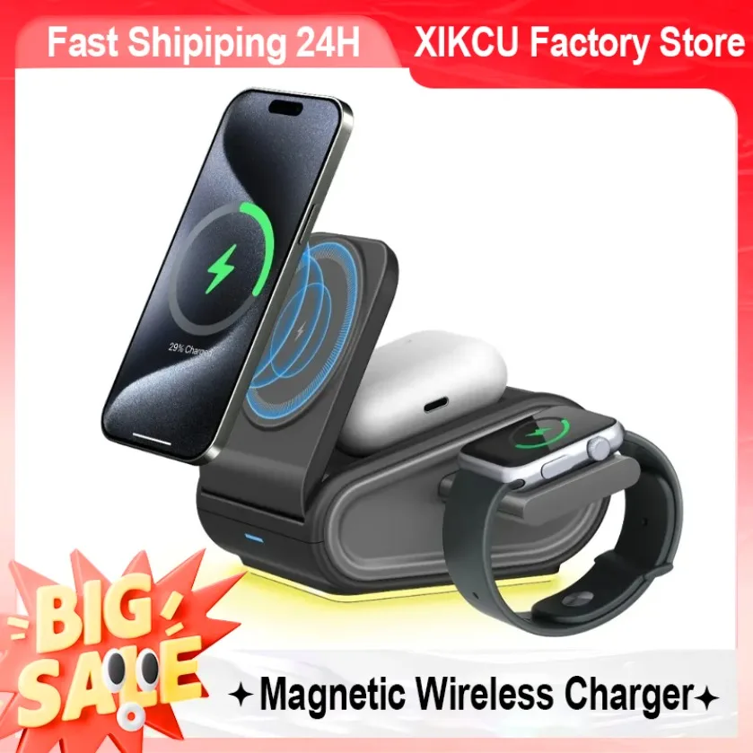 

Магнитное беспроводное зарядное устройство 3 в 1, светодиодная подставка для Magsafe iPhone 17 ~ 12 Apple Watch 11 ~ 2 Samsung Galaxy Watch 8/7 Airpods Pro
