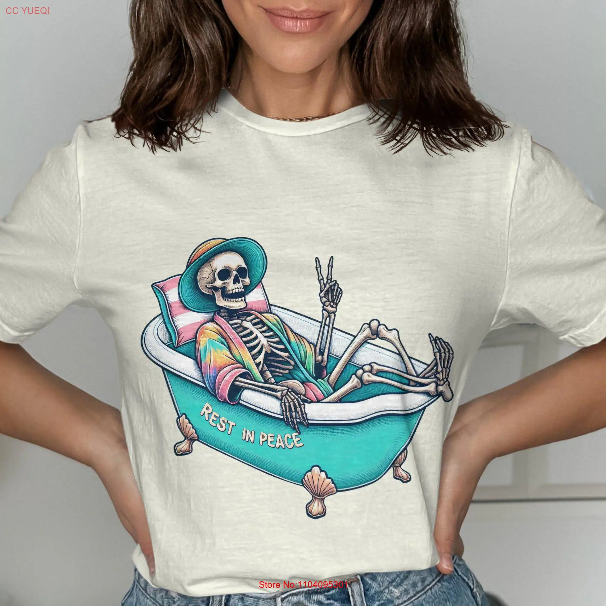 Funny Skeleton in Bathtub Retro Peace Sign T Shirt Quirky Rest Art Unique Halloween Design long or short sleeves