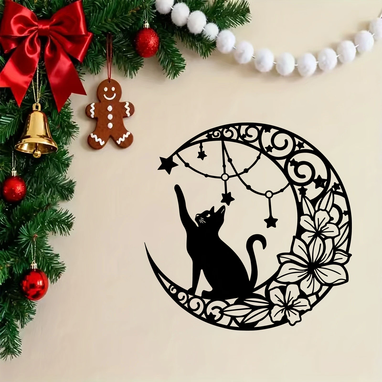 Katze auf Halbmond, die Sterne fangen, Metall-Wandkunst – rostbeständige Eisen-Wandskulptur mit & Design, Wohnzimmer- und Urlaubsdekoration