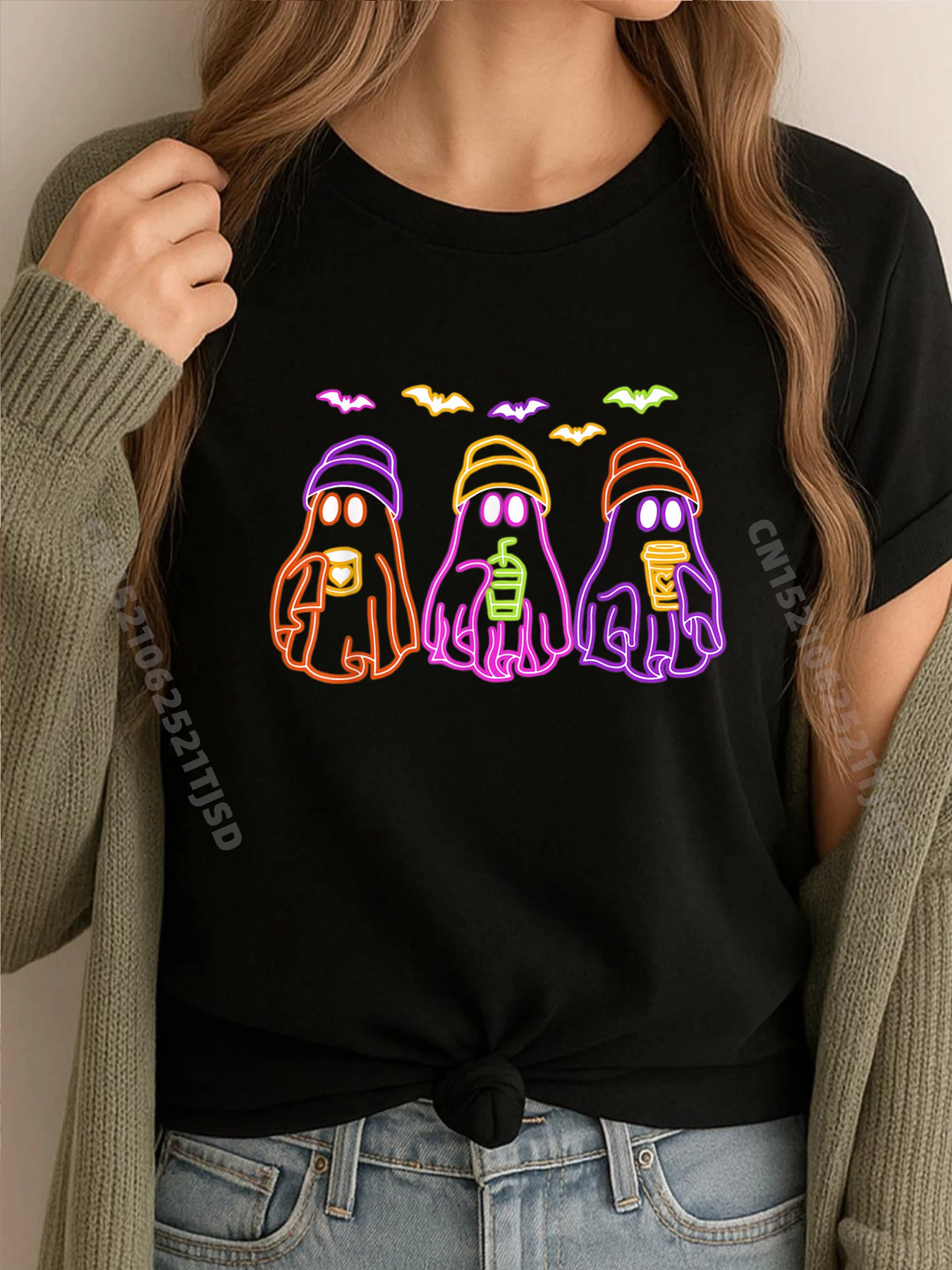 

Ghost Drinking Coffee Halloween Coffee Lover Vintage T Shirt Woman Men's Clothes Printed