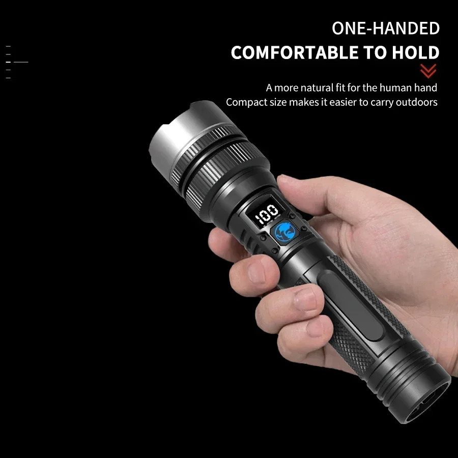 Leistungsstarke LED-Taschenlampe Typ-C Wiederaufladbar Zoombar mit Digitalanzeige Handtaschenlampe Powerbank für den Außenbereich – Detail 9