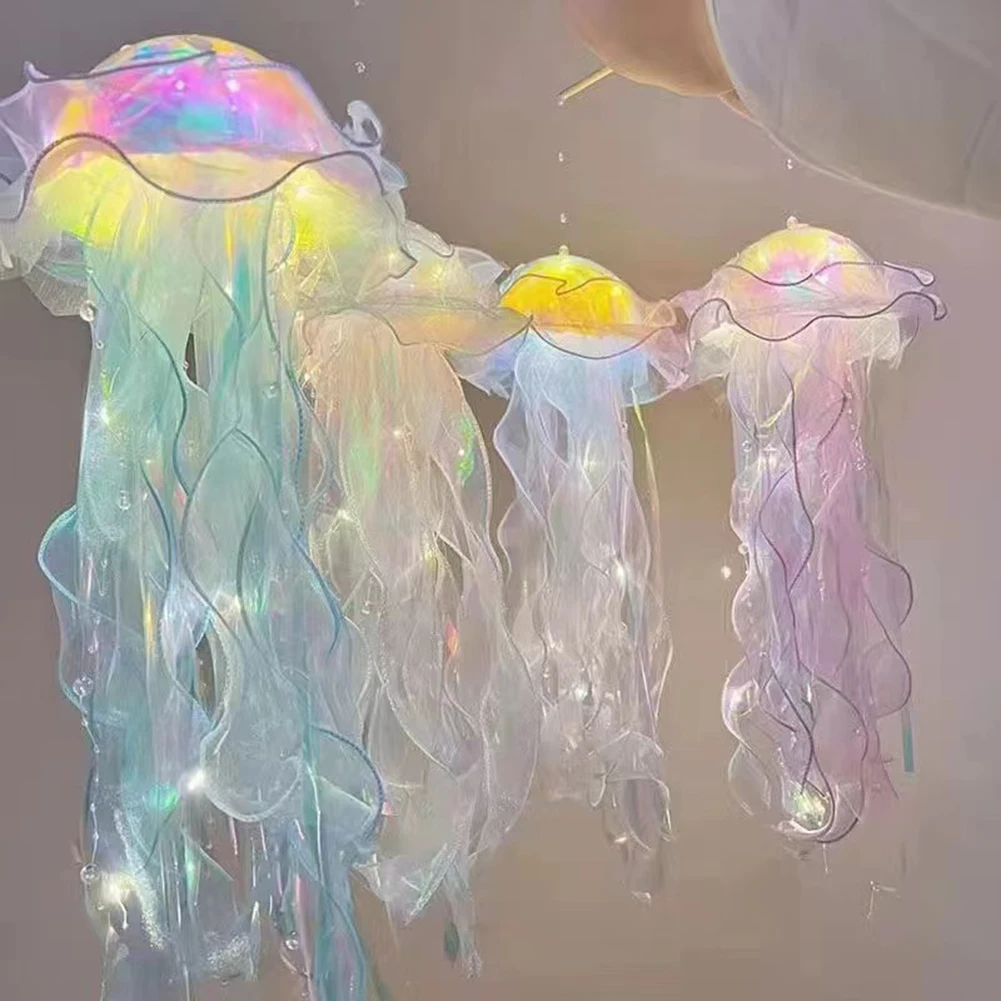 Jellyfish Atmosphere Night Light Button Battery Colorful Nightlight Realistic with Ribbon&Bead Nightlight for Children Bedroom