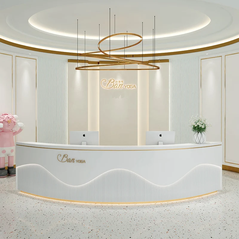 Modern Small Simple Checkstand Cashier Mdf Table Salon Checkout Counter Office Furniture Curved Reception Desk