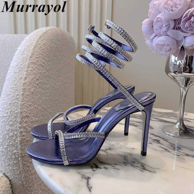 

Dress Shoes Mujer Bling Rhinestone Decor Thin High Heels Sandalias Women Snake Shaped Elastic Strap Sandals Summer Fairy Shoes