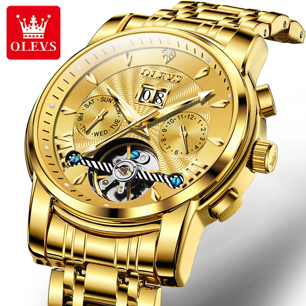 OLEVS 9965 orologio meccanico automatico per uomo scheletro volano orologi da uomo impermeabili calendario settimanale orologi da polso da uomo di lusso