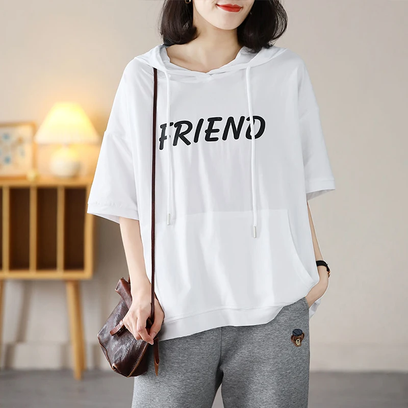 Fashion Loose Printed Letter Cartoon Hooded Sweatshirts Women Clothing 2024 Summer New Oversized Korean Tops Casual Sweatshirts