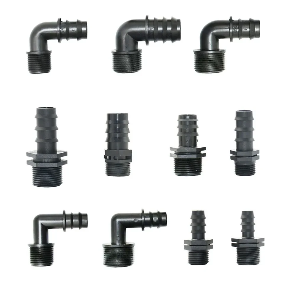 5 pcs polyoxymethylene irrigation fittings with male and female threaded ends for PE tubing in 16 mm 20 mm 25 mm sizes compatibl