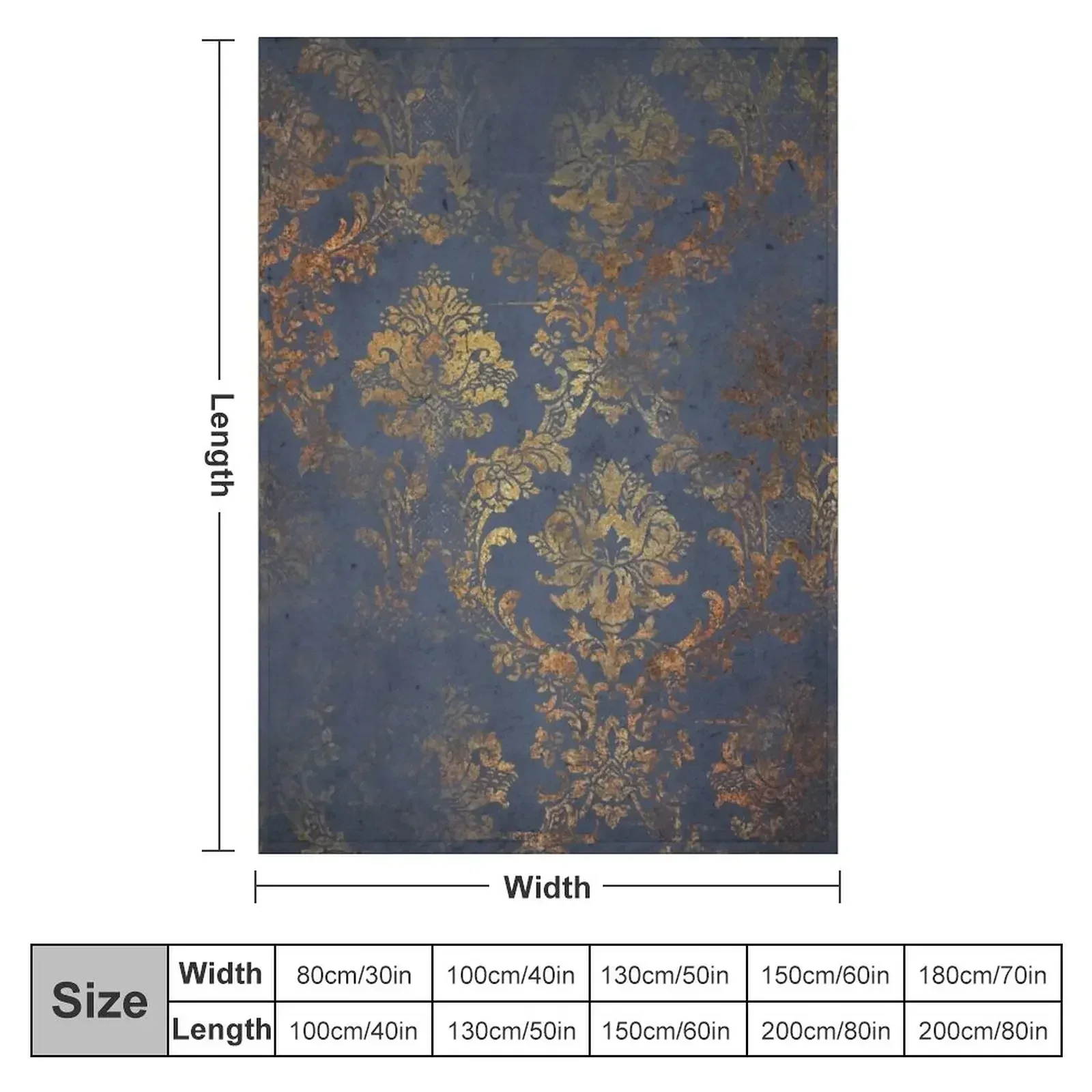 Elegant Dark Blue and Grunge Gold Damask Pattern Throw Blanket couch cozy soft plush fuzzy picnic outdoor blanket