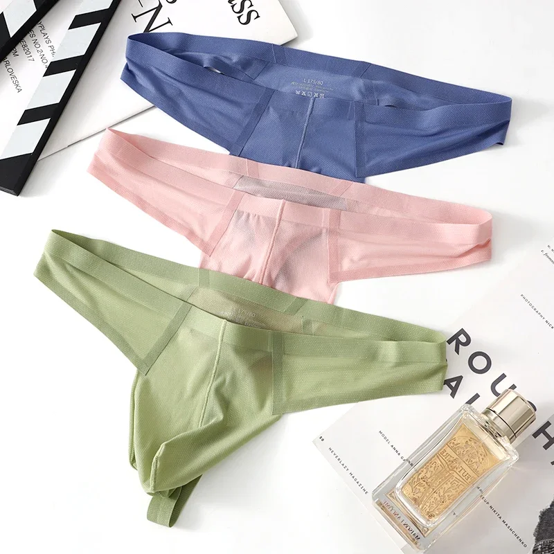 3 PCS Low Waisted Underwear For Men Briefs In Summer Quick Drying Breathable T Pants Ice Silk Seamless Thong