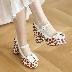 Sweet Cute Strawberry Print Pu Leather Mary Janes Shoes for Women Block High Heel Black Pink White Party Ladies Pumps Free Ship